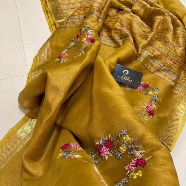 Pure silk linen Moti dhaga Handwork saree